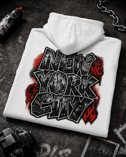 Folded white NYC hoodie with large back graphic print and attached hood