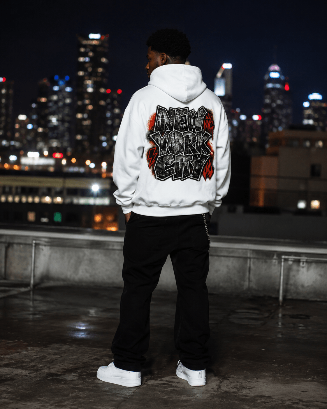 White hoodie viewed from behind, NYC graphic on the upper back and hood