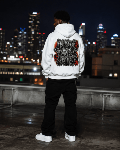 White hoodie viewed from behind, NYC graphic on the upper back and hood