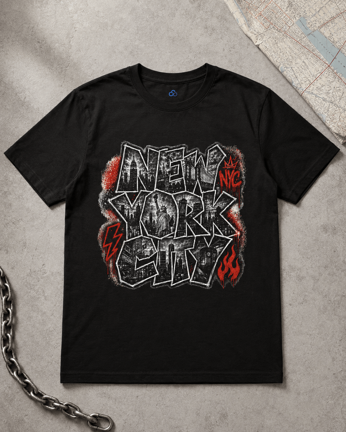 Black T-shirt with large graffiti-style “NEW YORK” front graphic print.