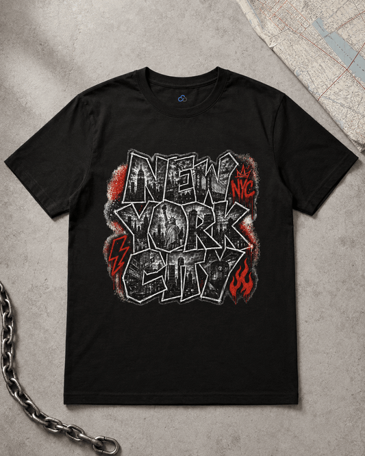 Black T-shirt with large graffiti-style “NEW YORK” front graphic print.