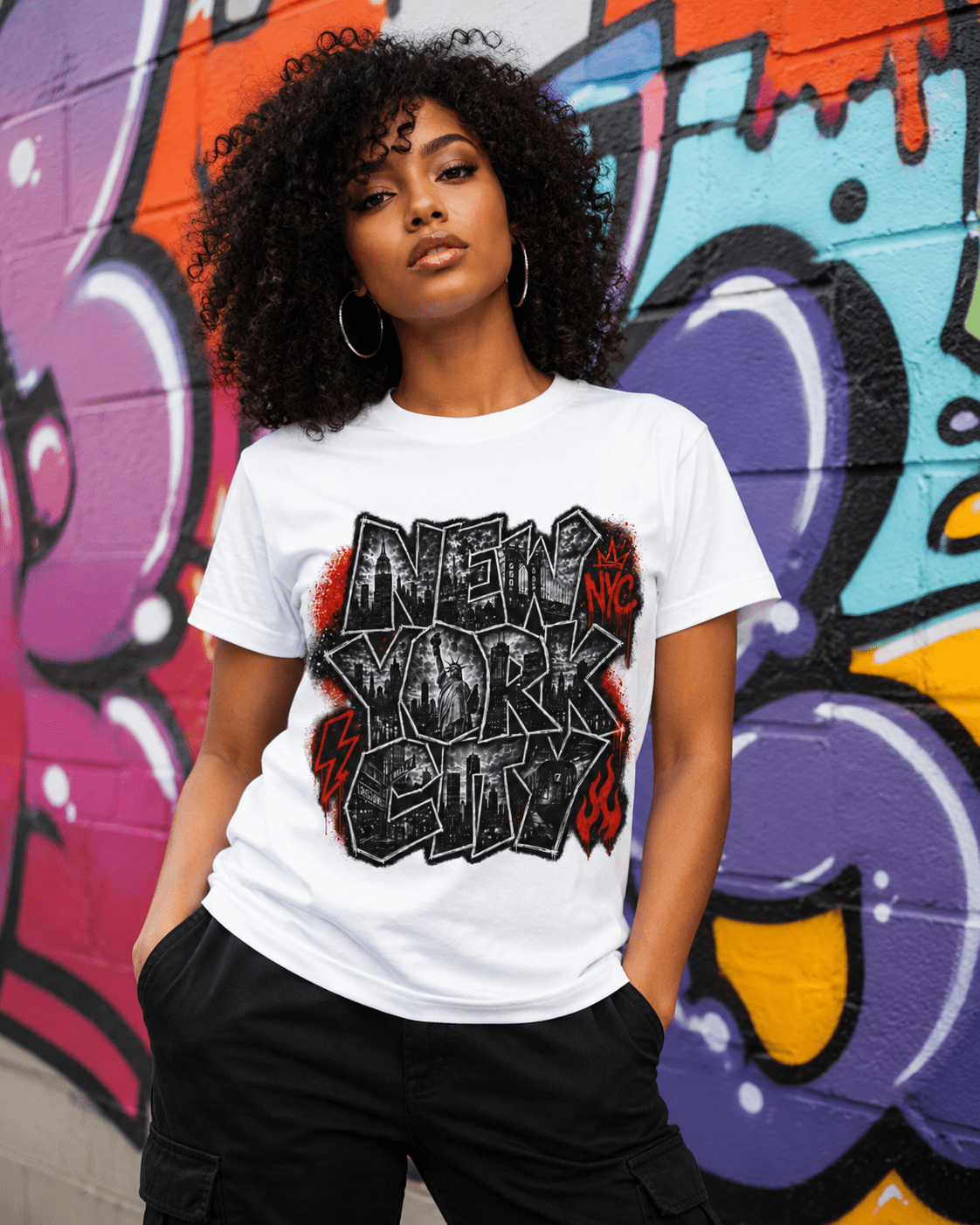 White T-shirt with large graffiti-style “NEW YORK” front graphic print.