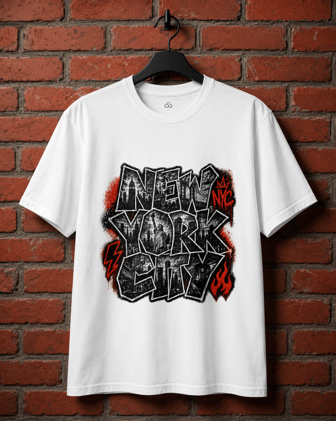 White T-shirt on hanger, front New York streetwear graphic in black with red highlights