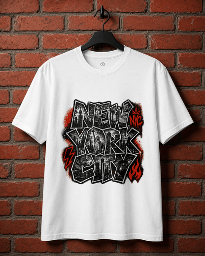 White T-shirt on hanger, front New York streetwear graphic in black with red highlights