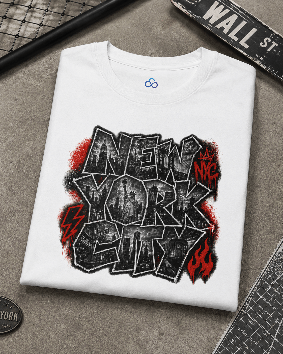 White T-shirt folded flat with New York punk-style logo print in black and red