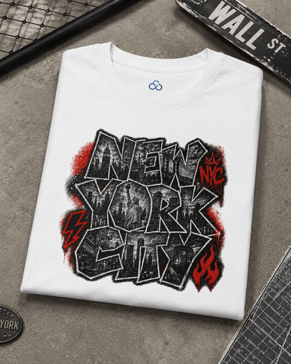 White T-shirt folded flat with New York punk-style logo print in black and red