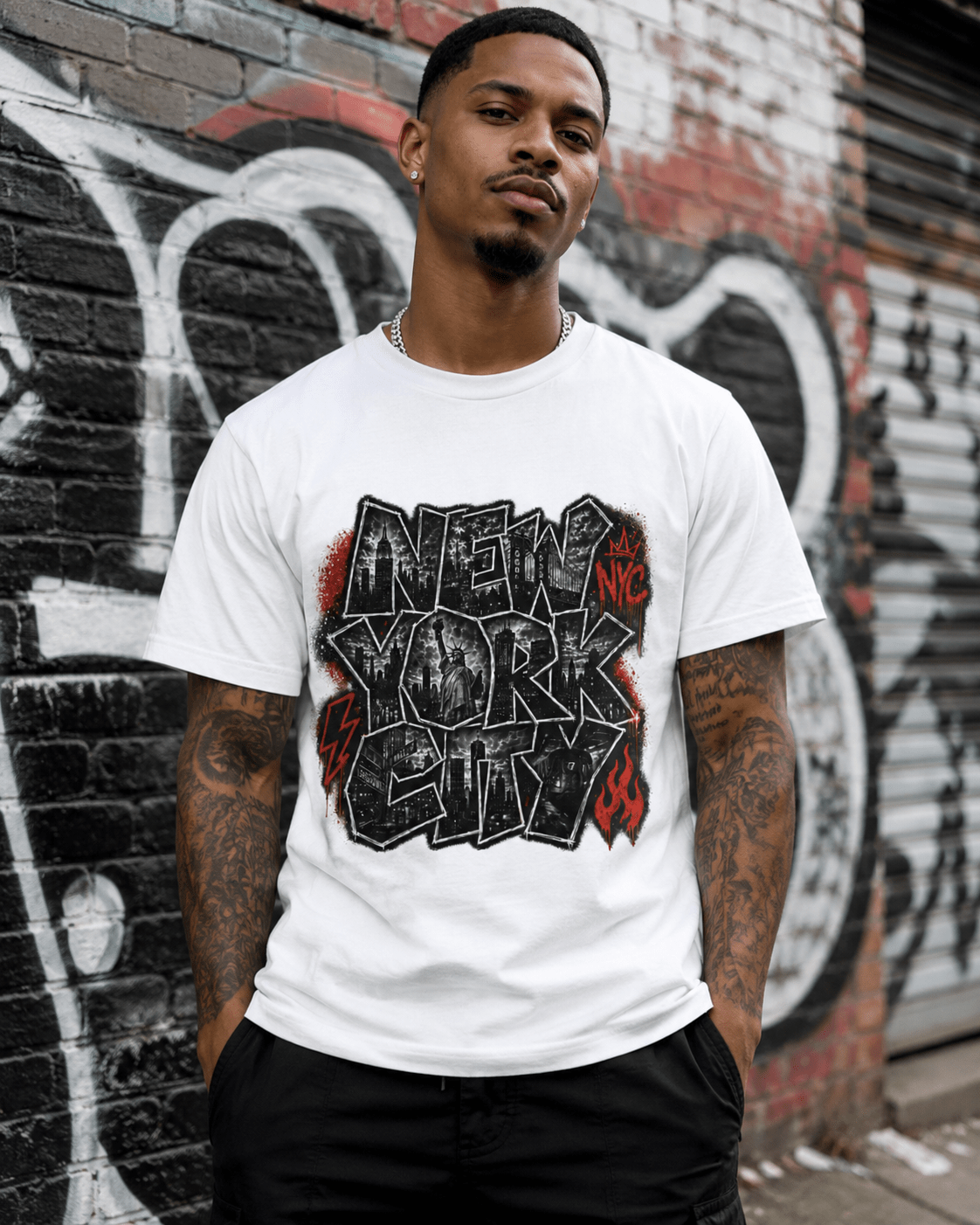 White T-shirt with New York graphic front, black text with red flame accents