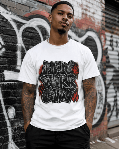 White T-shirt with New York graphic front, black text with red flame accents