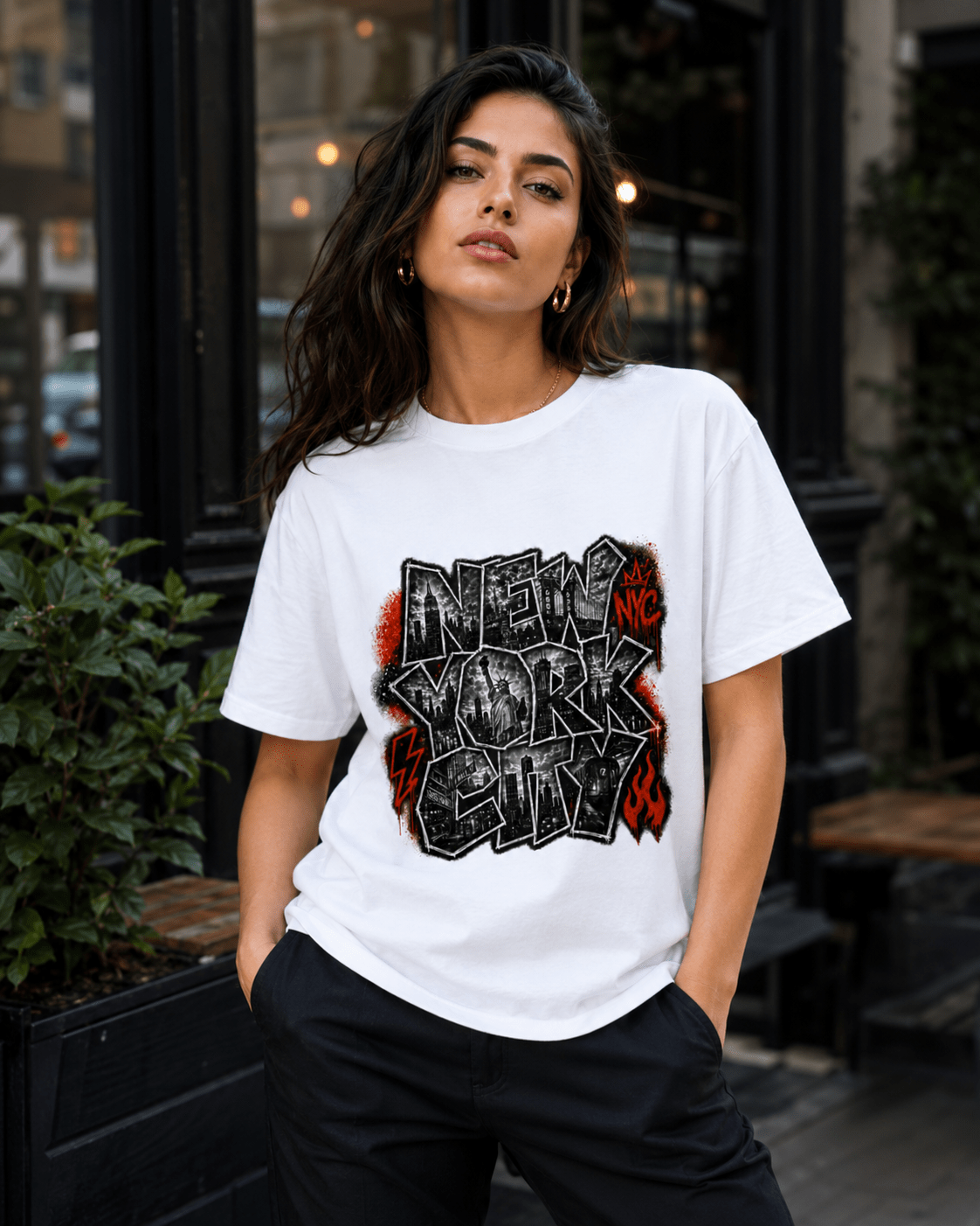 White T-shirt with large graffiti-style “NEW YORK” front graphic print.