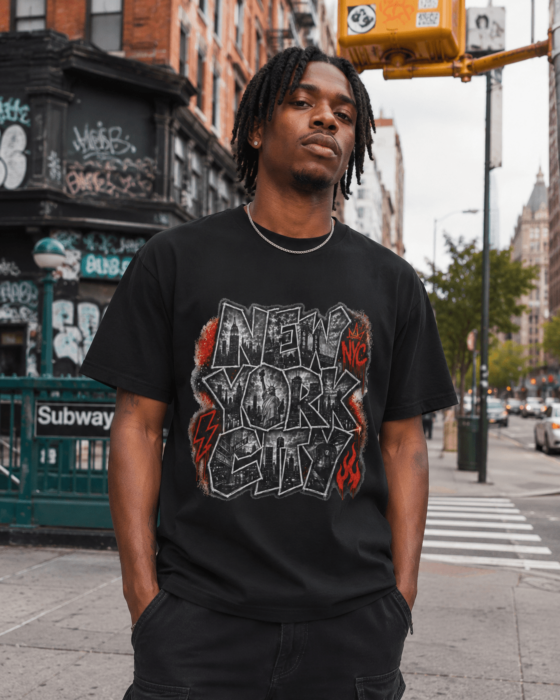Black T-shirt with large graffiti-style “NEW YORK” front graphic print.