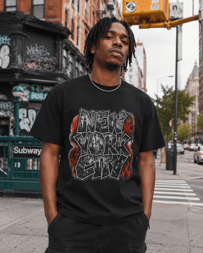 Black T-shirt with large graffiti-style “NEW YORK” front graphic print.