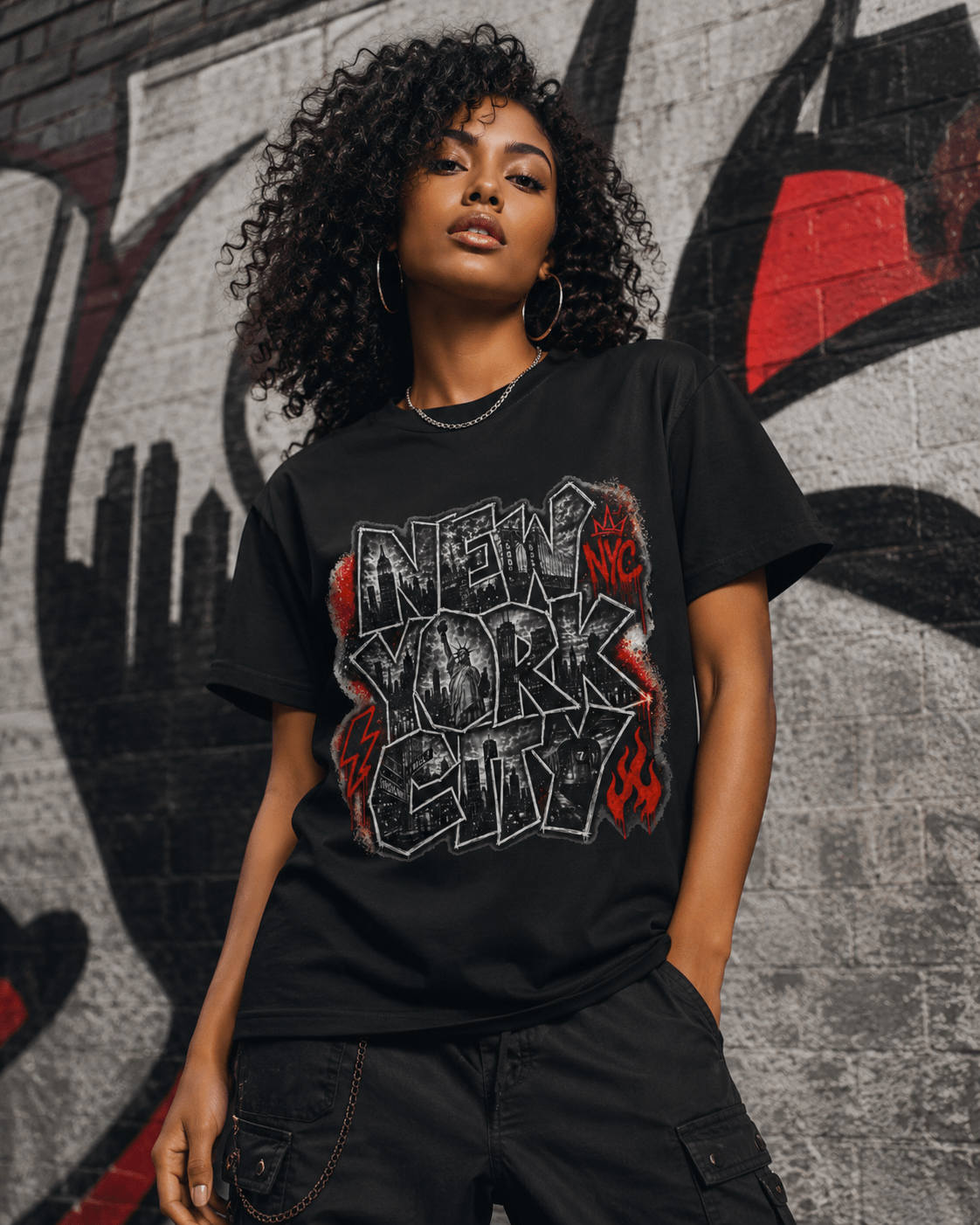 Black T-shirt with large graffiti-style “NEW YORK” front graphic print.
