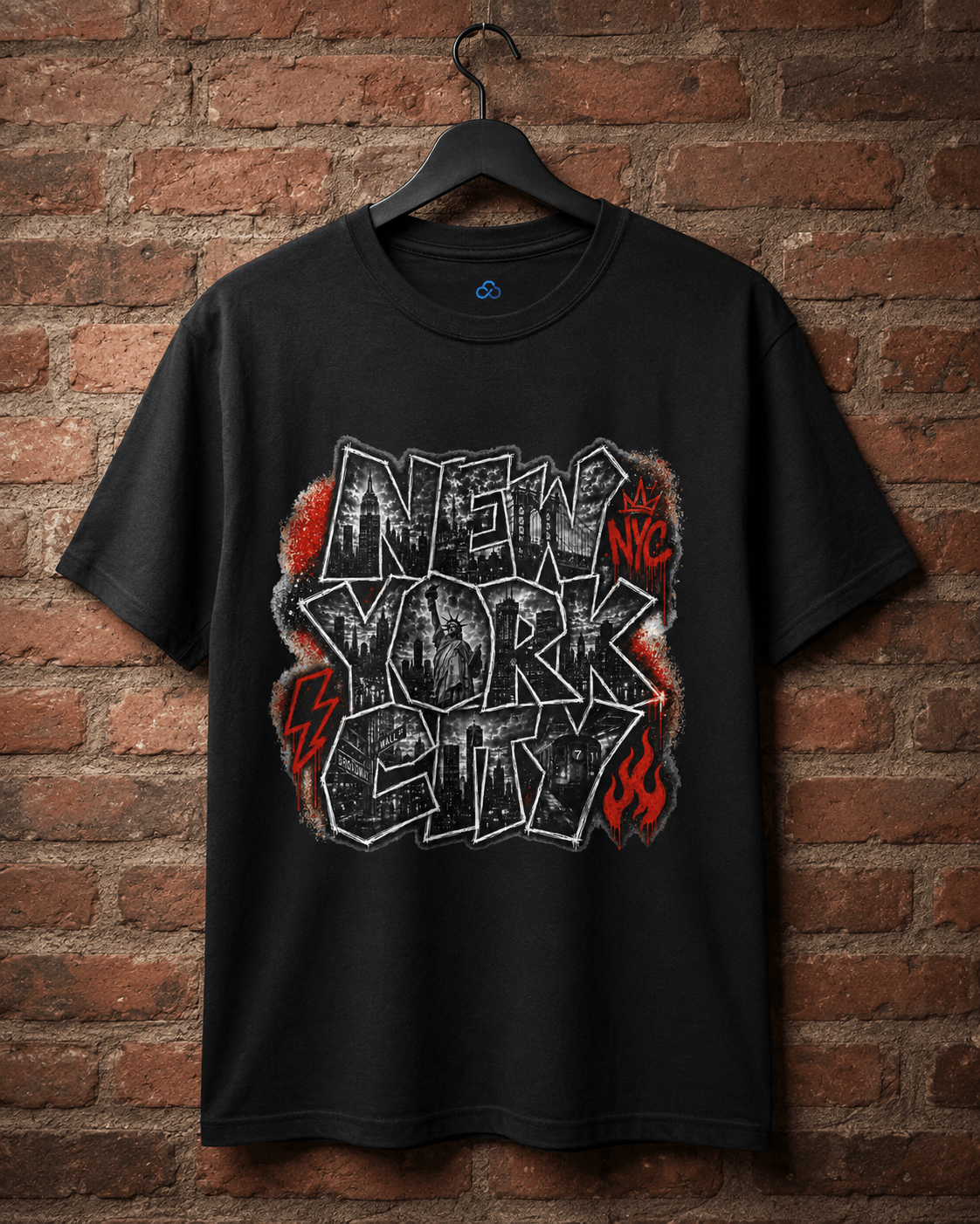 Black T-shirt hanging on a hook with large “NEW YORK” graffiti-style print.