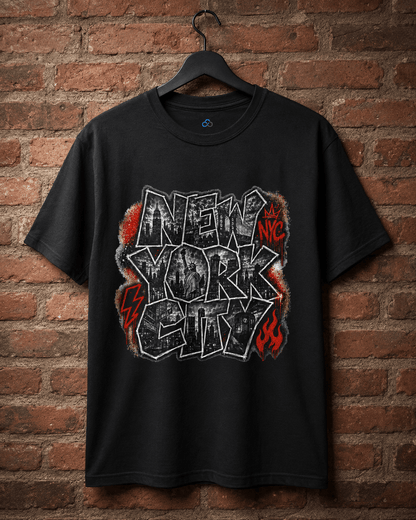 Black T-shirt hanging on a hook with large “NEW YORK” graffiti-style print.