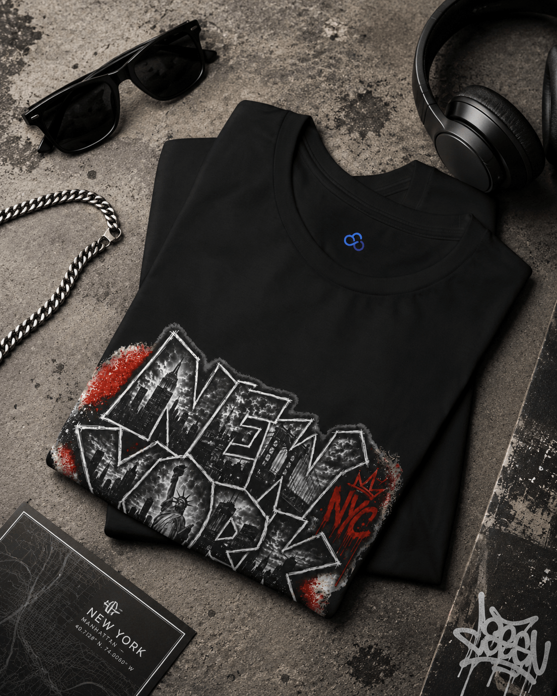 Black T-shirt with bold graffiti-style “NEW YORK” front graphic print.
