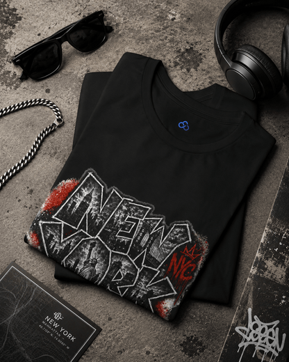 Black T-shirt with bold graffiti-style “NEW YORK” front graphic print.