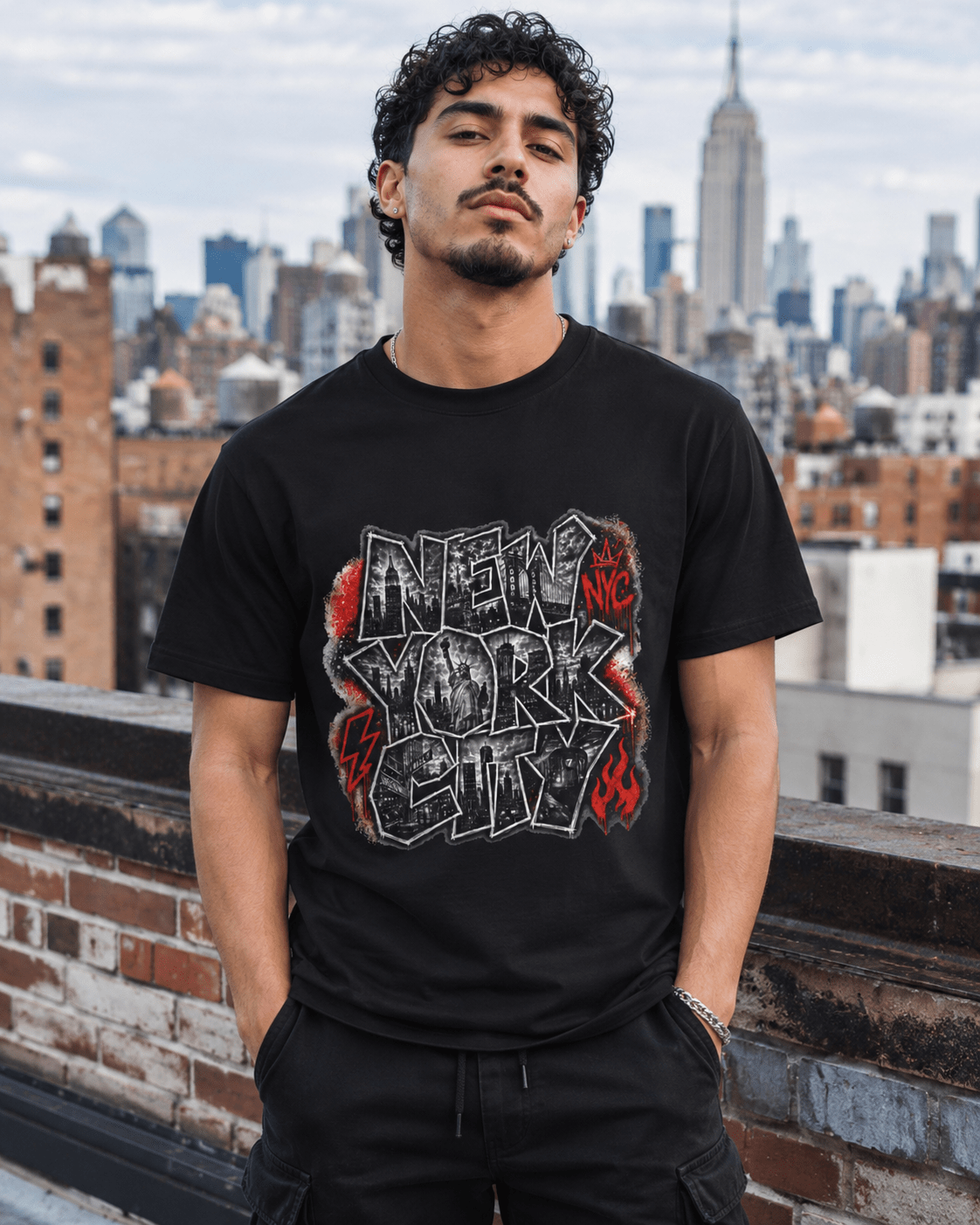 Black T-shirt with large graffiti-style “NEW YORK” front graphic print.