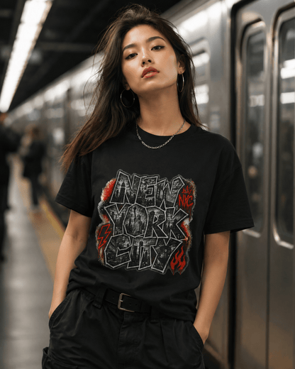 Black T-shirt with large graffiti-style “NEW YORK” front graphic print.