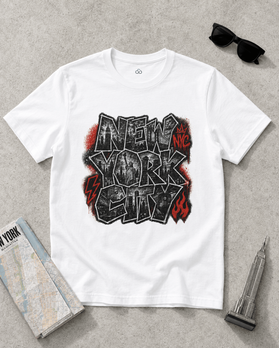 White NYC T-shirt laid out, front graphic print with black text and red flames