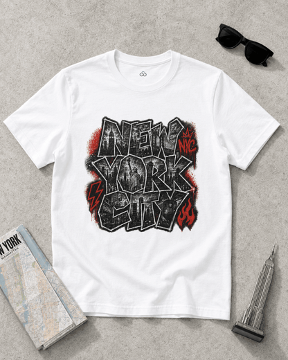 White NYC T-shirt laid out, front graphic print with black text and red flames