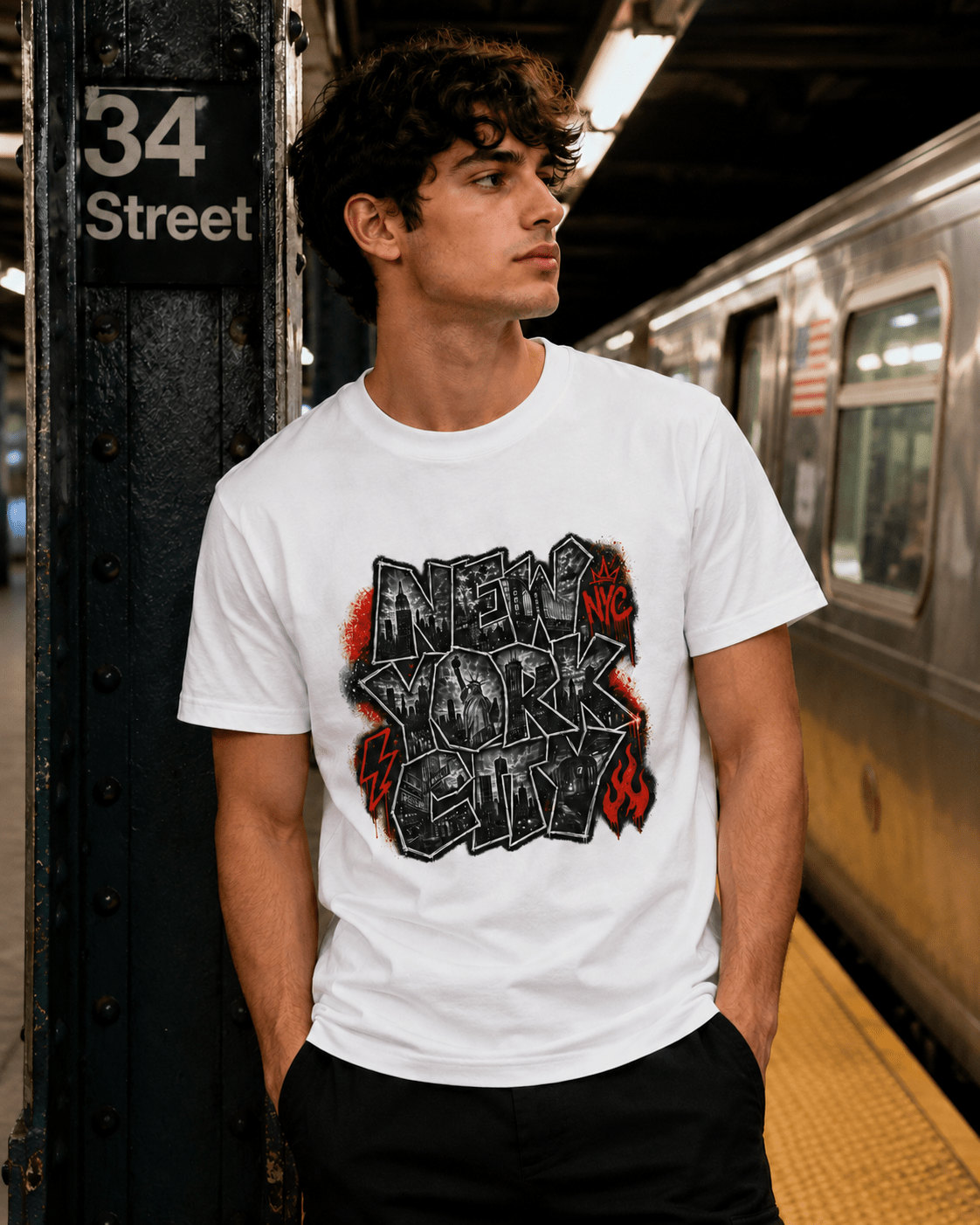 White T-shirt with large graffiti-style “NEW YORK” front graphic print.