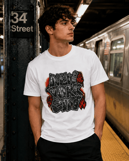 White T-shirt with large graffiti-style “NEW YORK” front graphic print.
