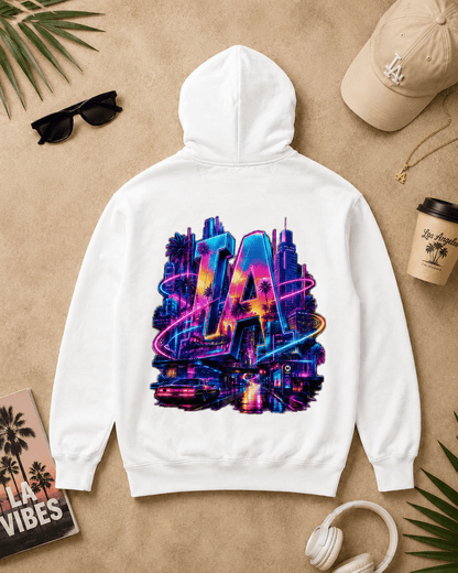White hoodie with front neon LA city graphic and kangaroo pocket