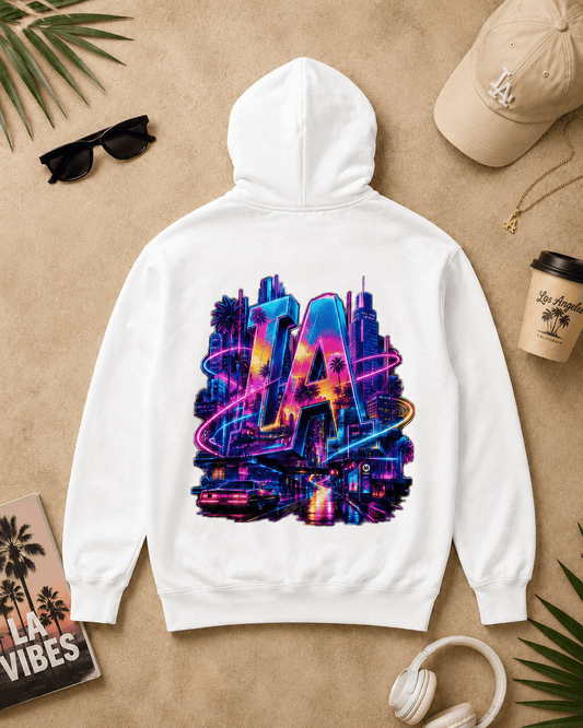 White hoodie with front neon LA city graphic and kangaroo pocket