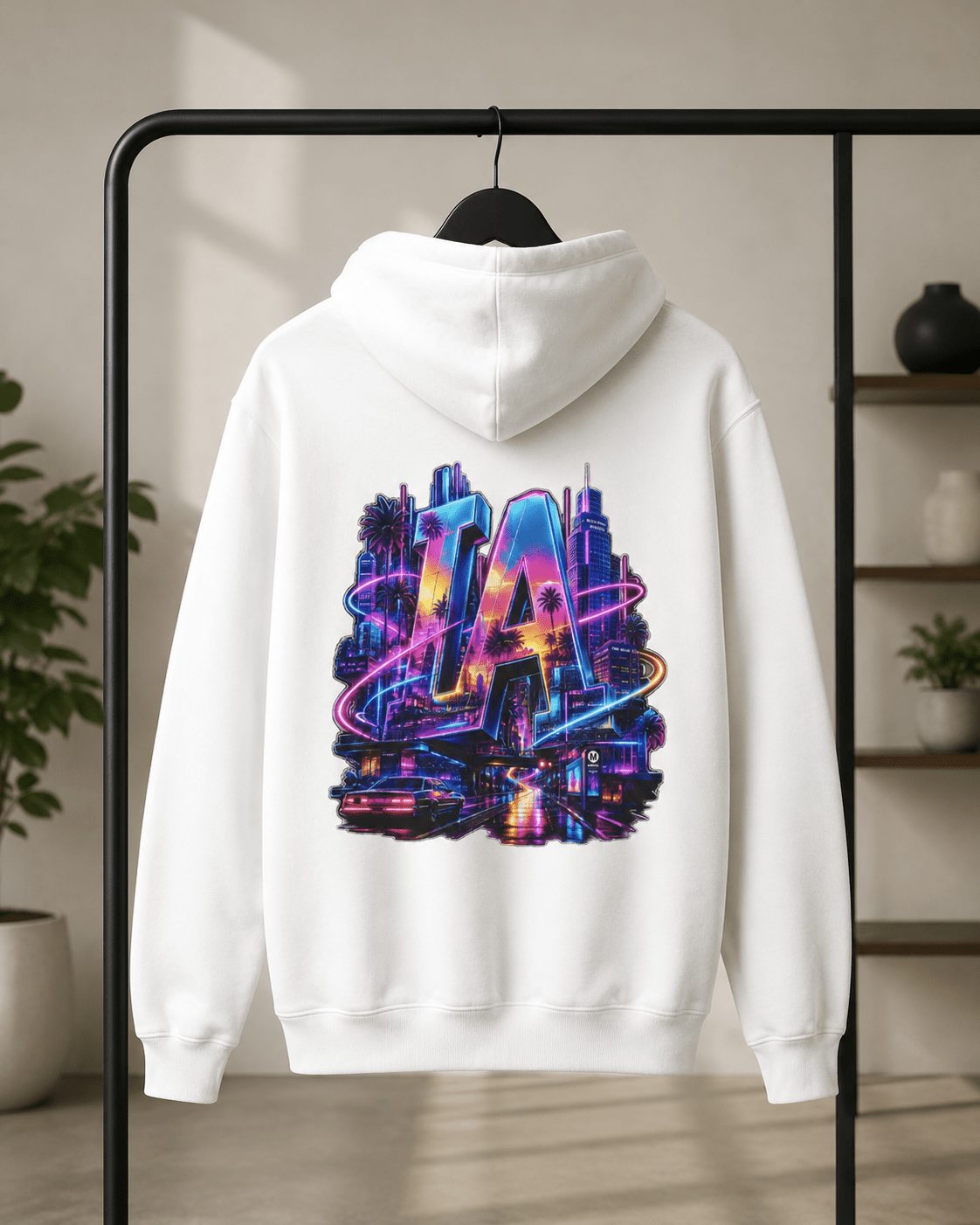 White hoodie on hanger, back view with neon LA city artwork