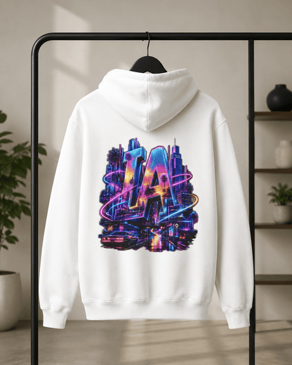 White hoodie on hanger, back view with neon LA city artwork