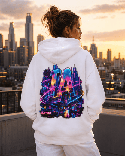 White hoodie worn by model, back view with neon LA city graphic