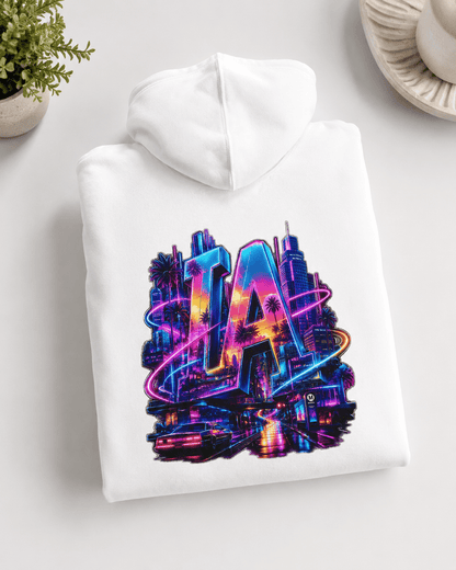 Folded white hoodie with front neon LA city graphic
