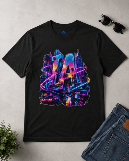 Black graphic T-shirt with colorful neon LA letters and skyline print