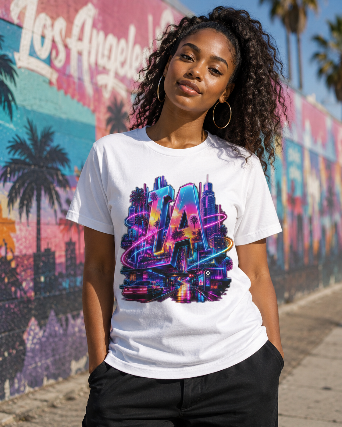 White T-shirt with neon LA graphic, crew neck short sleeves, worn by model