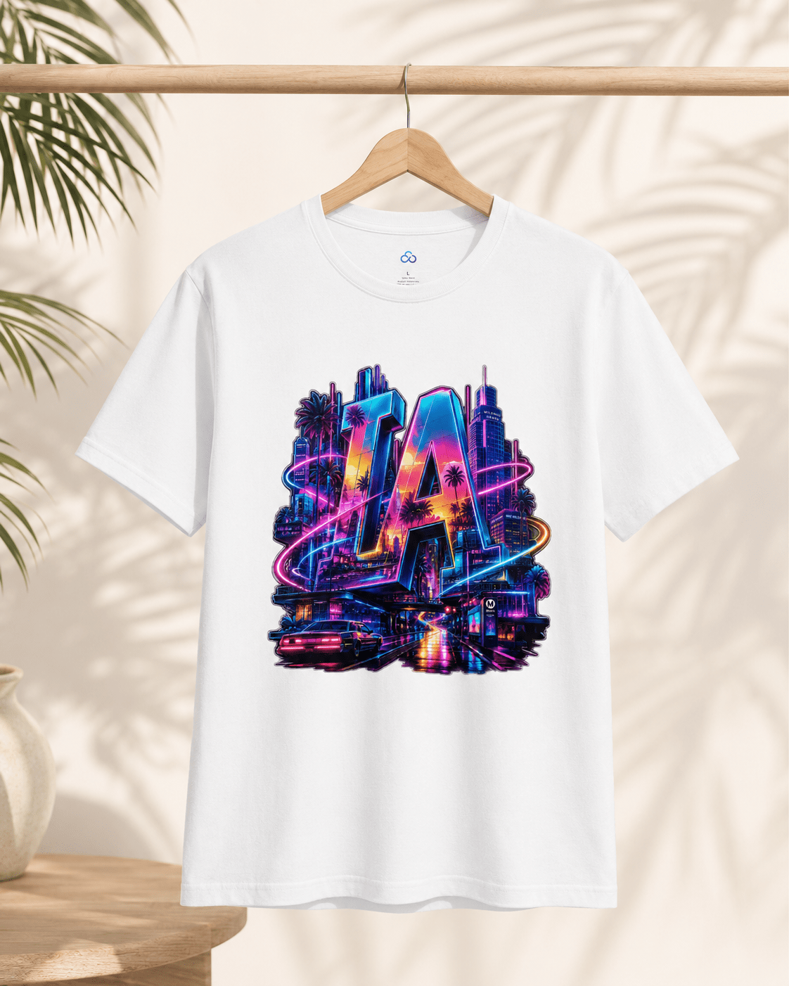 White graphic T-shirt with colorful neon LA letters and skyline print