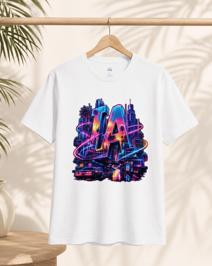 White graphic T-shirt with colorful neon LA letters and skyline print