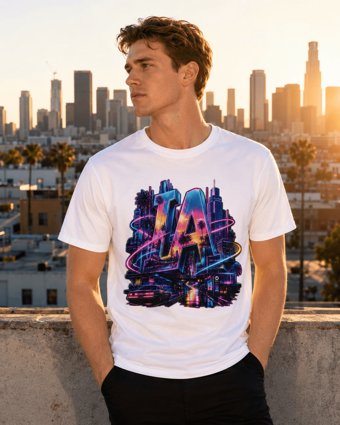 White graphic T-shirt with colorful neon LA letters and skyline front print