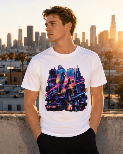 White graphic T-shirt with colorful neon LA letters and skyline front print