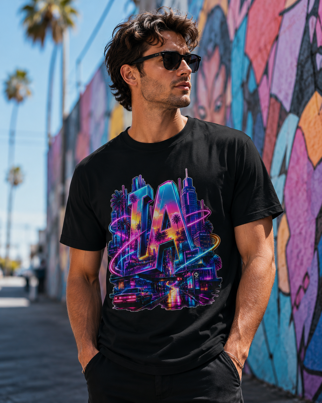 Black graphic T-shirt with colorful neon LA letters and skyline front print