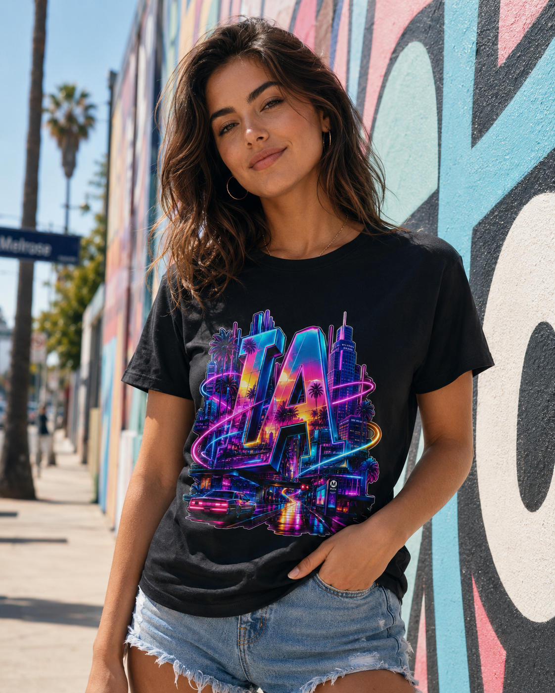 Black graphic T-shirt with colorful neon LA letters and skyline front print