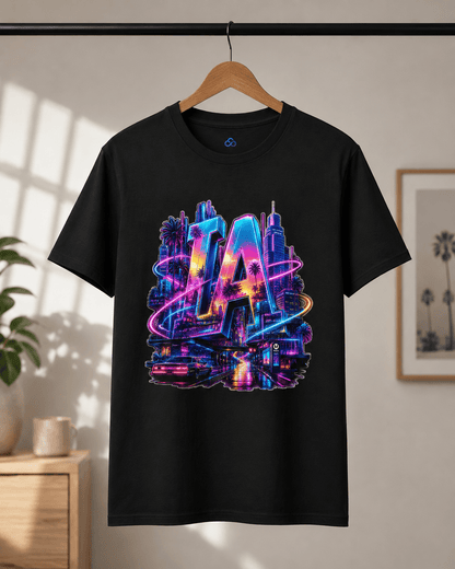 Black graphic T-shirt with colorful neon LA letters and skyline center print