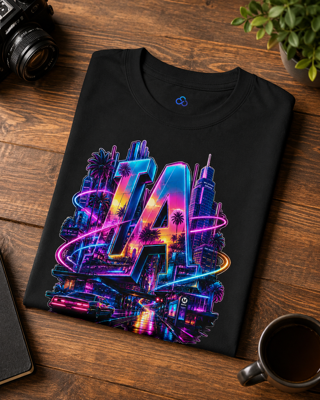 Folded black graphic T-shirt with colorful neon LA letters and skyline print