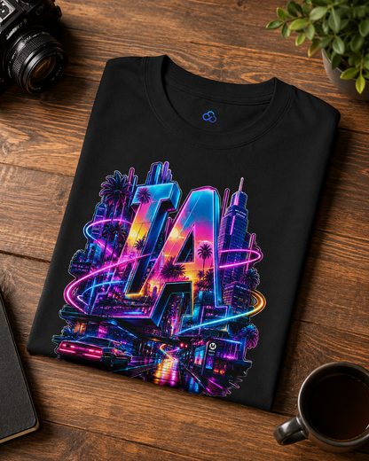 Folded black graphic T-shirt with colorful neon LA letters and skyline print