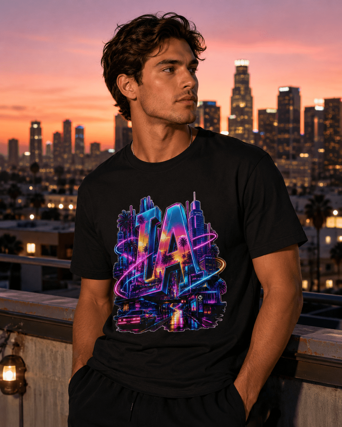 Black graphic T-shirt with colorful neon LA letters and skyline on chest