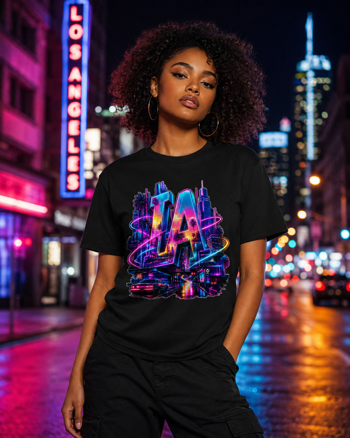 Black graphic T-shirt with colorful neon LA letters and skyline front print