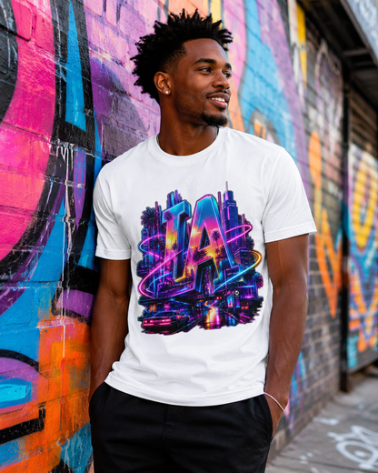 White T-shirt with neon LA city graphic, crew neck short sleeves