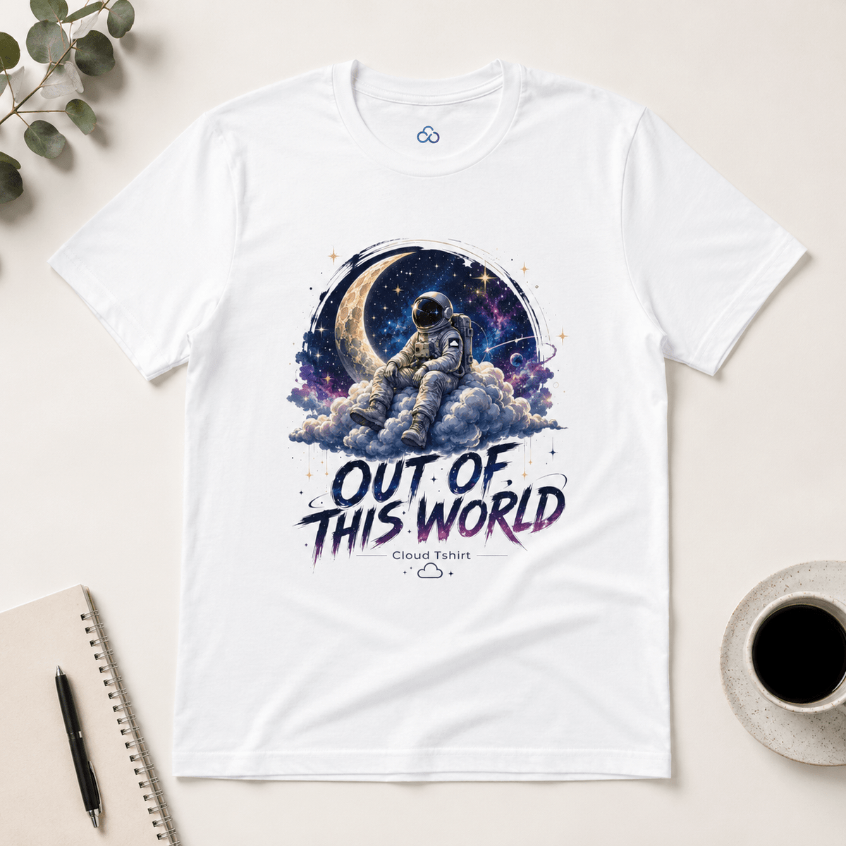 A white short-sleeve graphic T-shirt laid flat on a light beige surface, featuring an astronaut sitting on clouds with a crescent moon and starry sky behind them, and the text 'OUT OF THIS WORLD' with 'Cloud T-Shirt' underneath. A notebook, pen, eucalyptus leaves, and a cup of coffee are arranged around it as styled props.