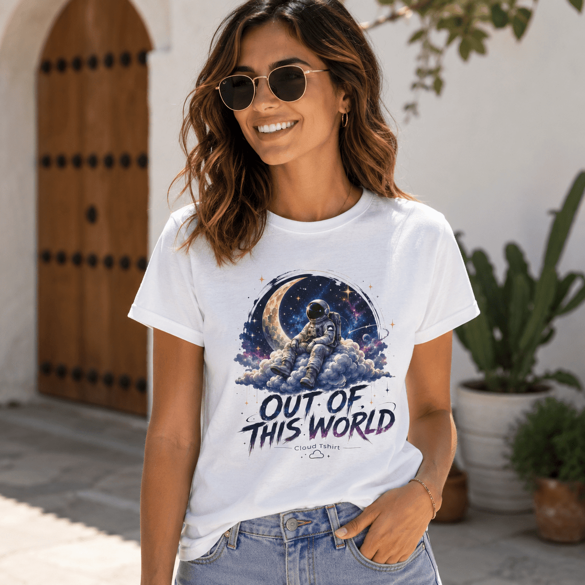 Woman wearing a white t-shirt with an astronaut graphic and 'Out of This World' text, standing outdoors.