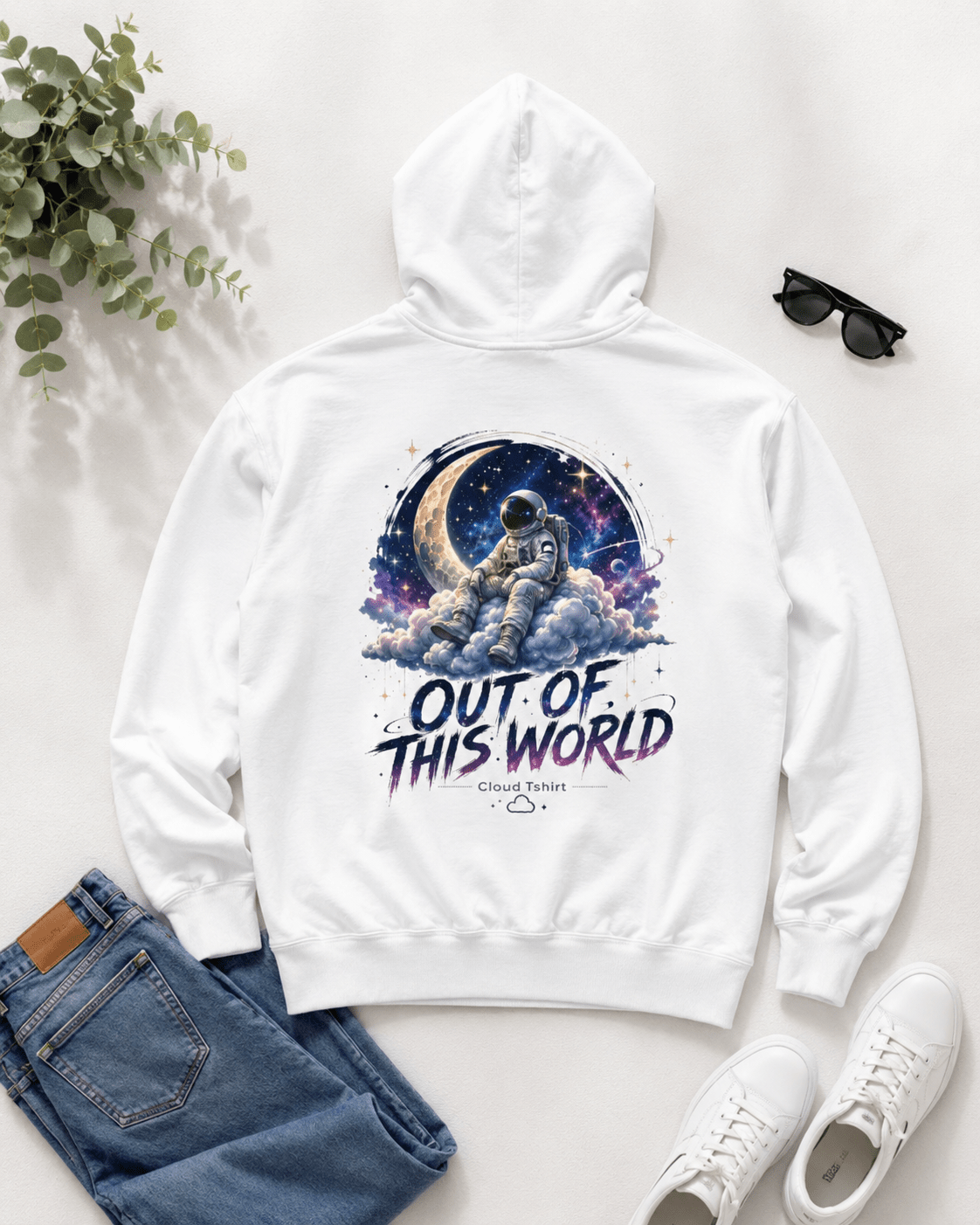 White hoodie with hood, front astronaut space graphic and "Out of This World" text