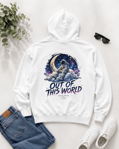 White hoodie with hood, front astronaut space graphic and "Out of This World" text